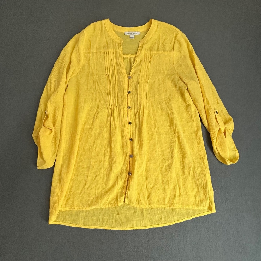 Studio Works Blouse Womens L Yellow Pintuck Roll Tab Sleeve Gauze Tunic Top